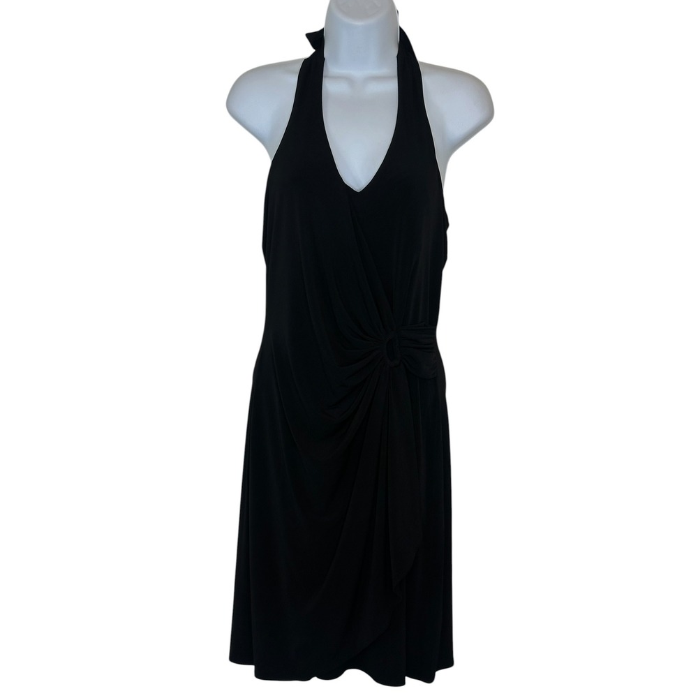 Tommy Bahama Halter Dress Small Black Wrap Front Ring Resort LBD Sleeveless